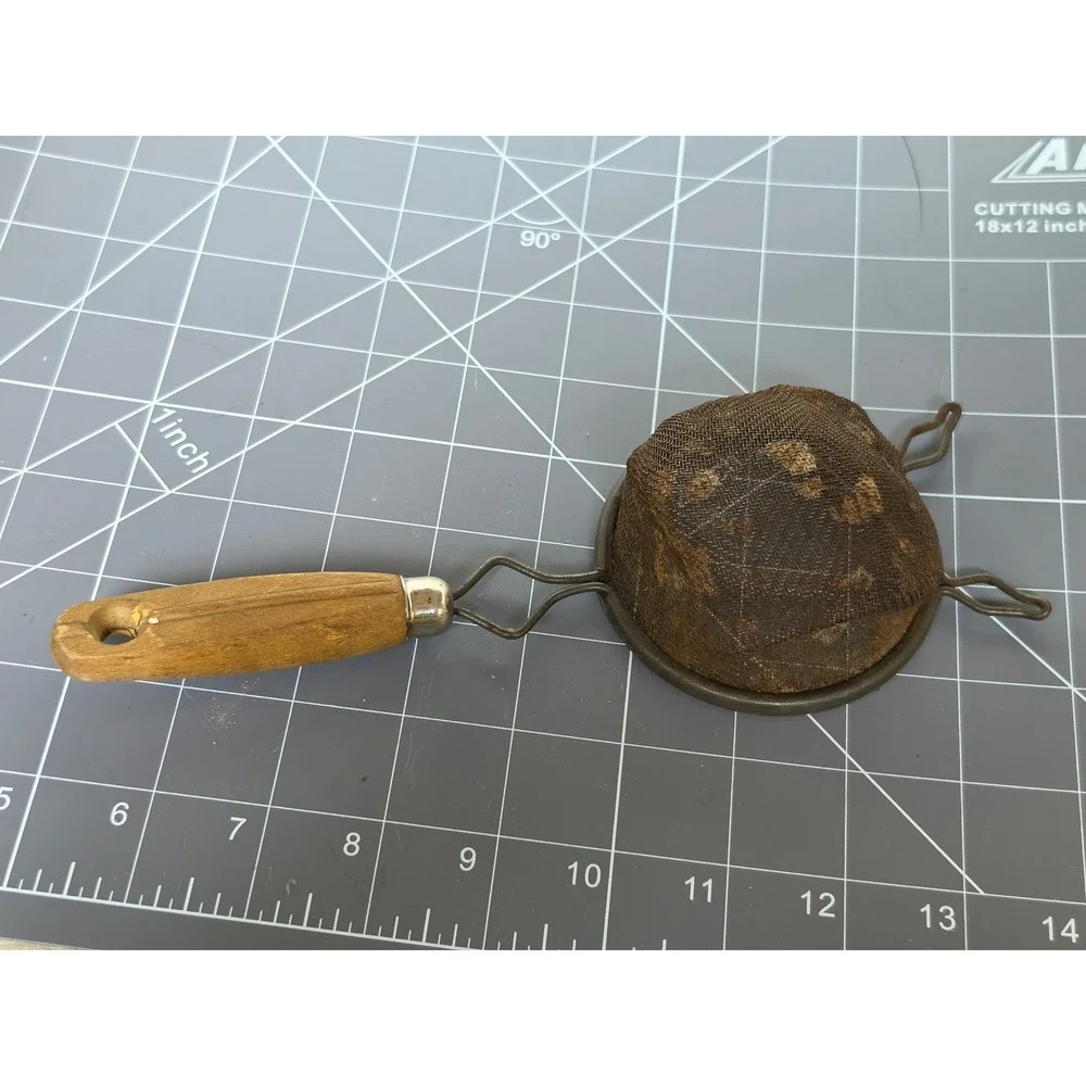 Vintage Wire Mesh Kitchen Strainer Small Wood Handle Primitive Farmhouse Decor